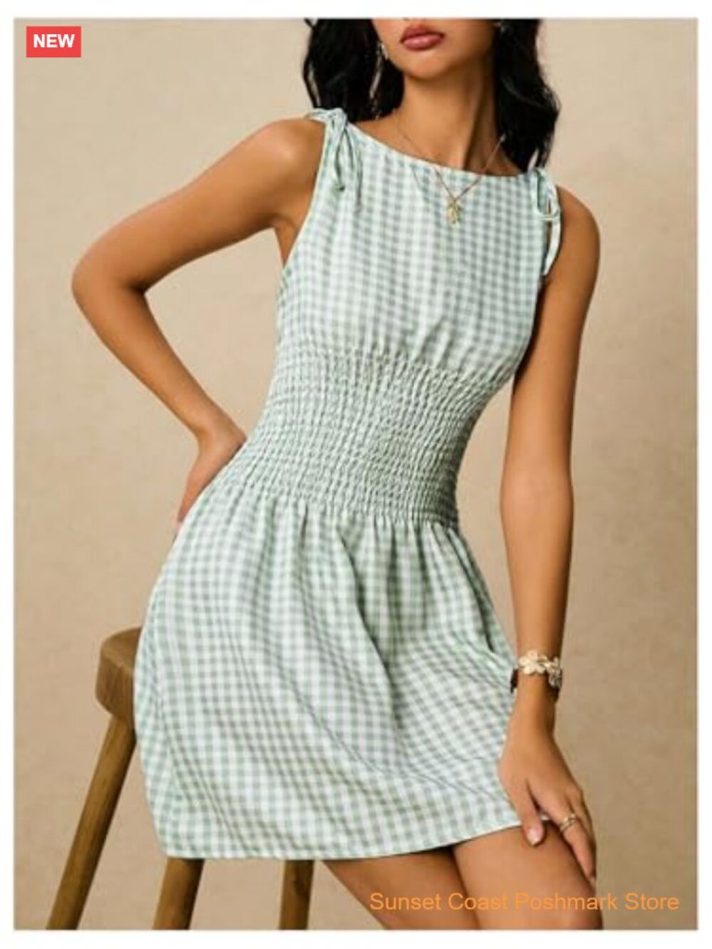 Tie Shoulder A Line Gingham Checkered Dress Boat Neck Sleeveless Mini - Picture 4 of 6